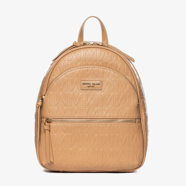 Beige Embossed Backpack with Front Zipper