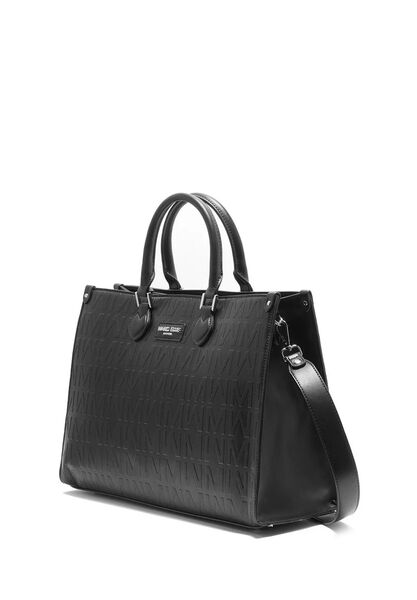 Black Embossed Tote with Detachable Strap
