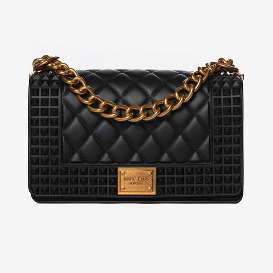 Black Quilted Shoulder Bag with Gold Chain