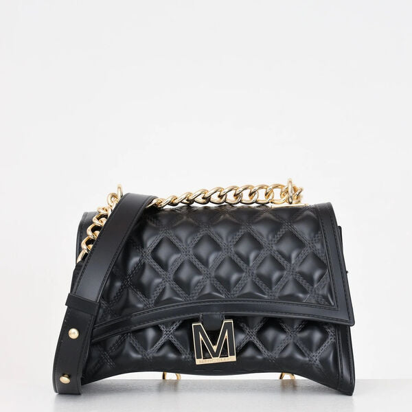Black Quilted Leather Crossbody Bag with Chain Detail
