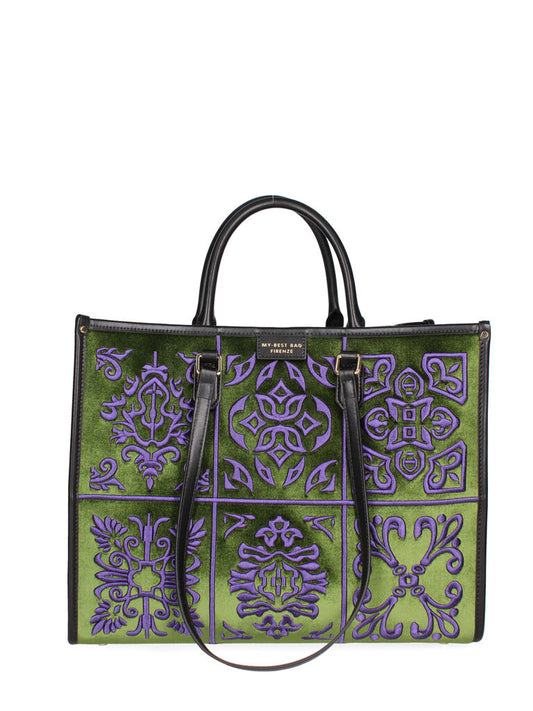 Green and Purple Embroidered Tote Bag with Panel Design
