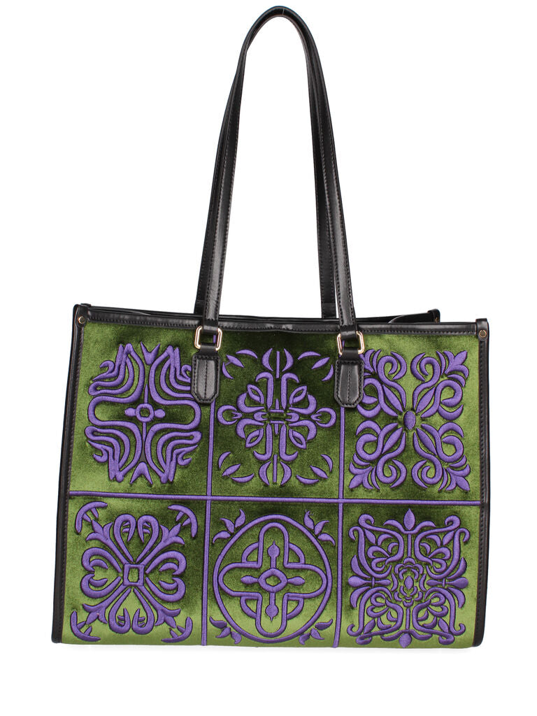 Green and Purple Embroidered Tote Bag with Panel Design