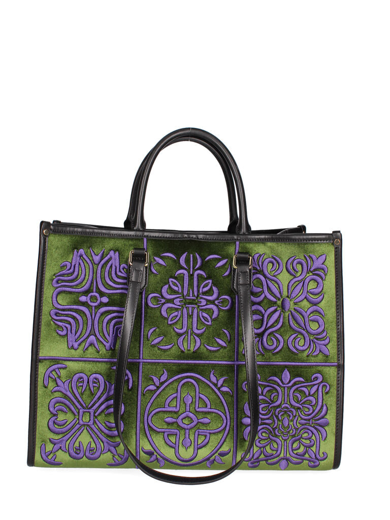 Green and Purple Embroidered Tote Bag with Panel Design