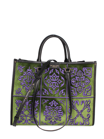 Green and Purple Embroidered Tote Bag with Panel Design