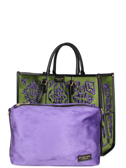 Green and Purple Embroidered Tote Bag with Panel Design