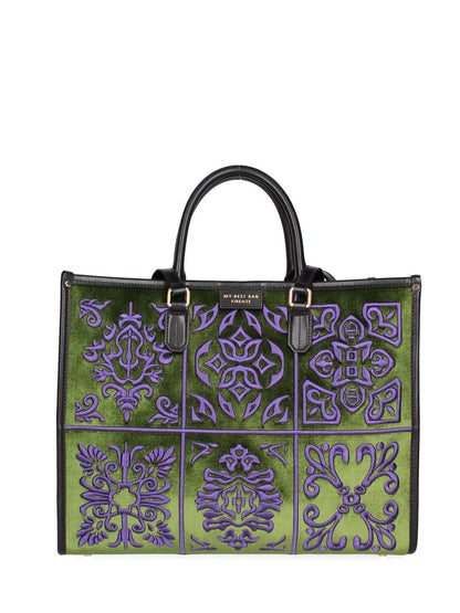 Green and Purple Embroidered Tote Bag with Panel Design