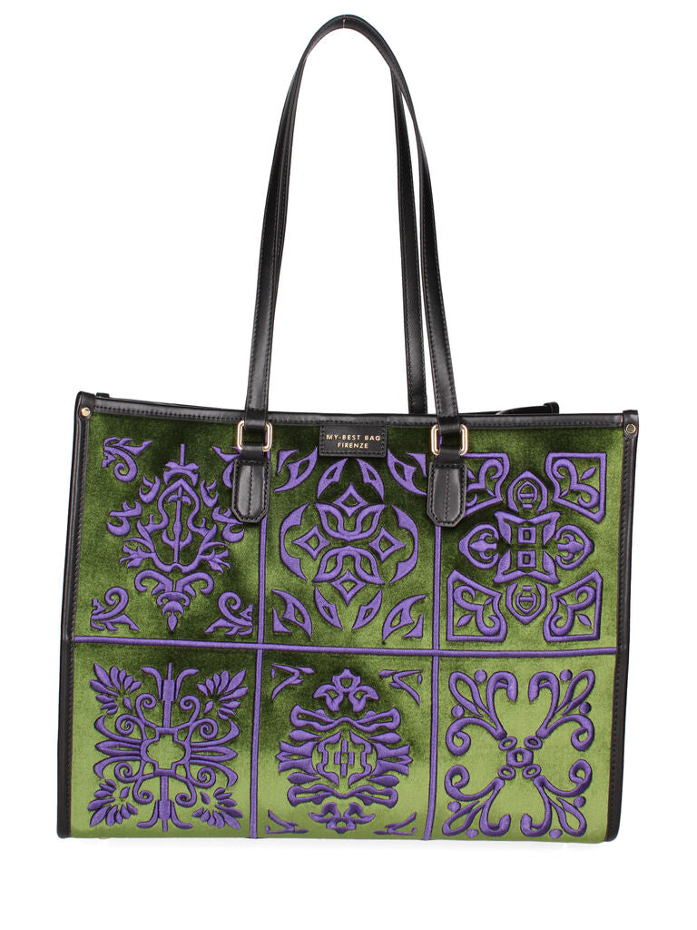 Green and Purple Embroidered Tote Bag with Panel Design