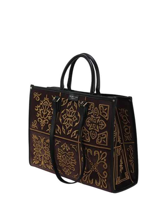 Brown Embroidered Tote Bag with Adjustable Strap