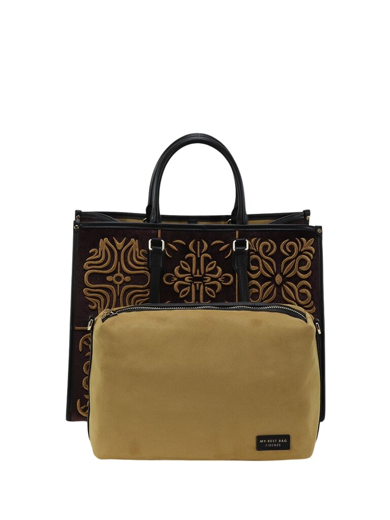 Brown Embroidered Tote Bag with Adjustable Strap