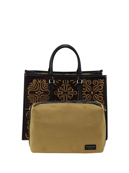 Brown Embroidered Tote Bag with Adjustable Strap