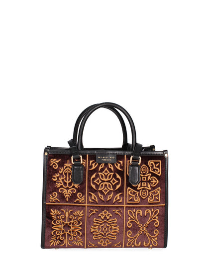 Brown Velvet Tote Bag with Embroidered Design