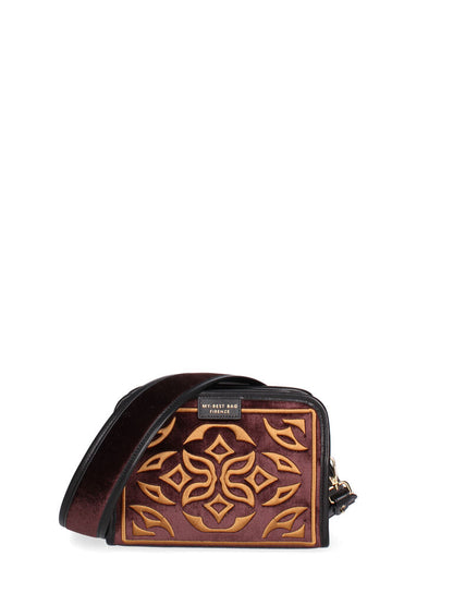 Burgundy Velvet Crossbody Bag with Embroidered Pattern