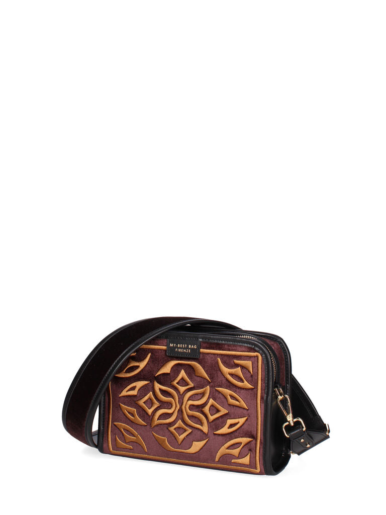 Burgundy Velvet Crossbody Bag with Embroidered Pattern