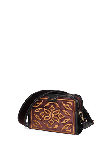 Burgundy Velvet Crossbody Bag with Embroidered Pattern