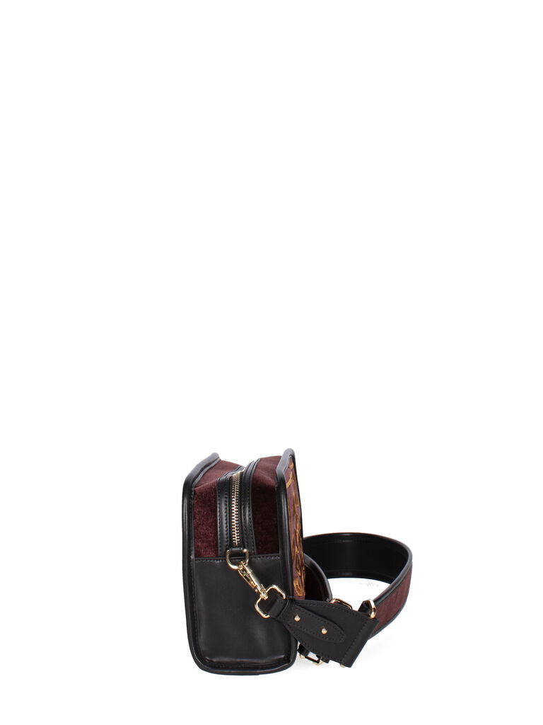 Burgundy Velvet Crossbody Bag with Embroidered Pattern