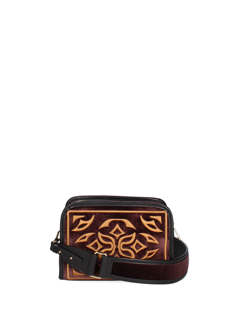 Burgundy Velvet Crossbody Bag with Embroidered Pattern