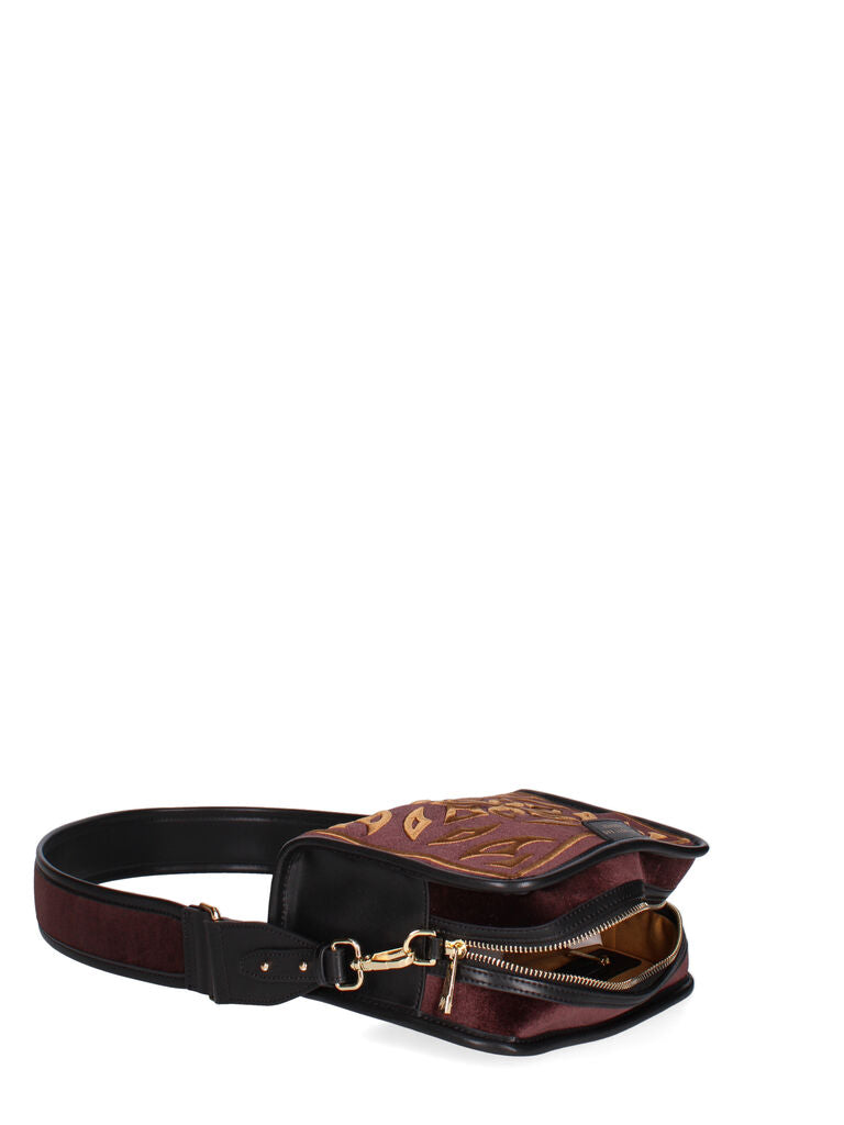 Burgundy Velvet Crossbody Bag with Embroidered Pattern