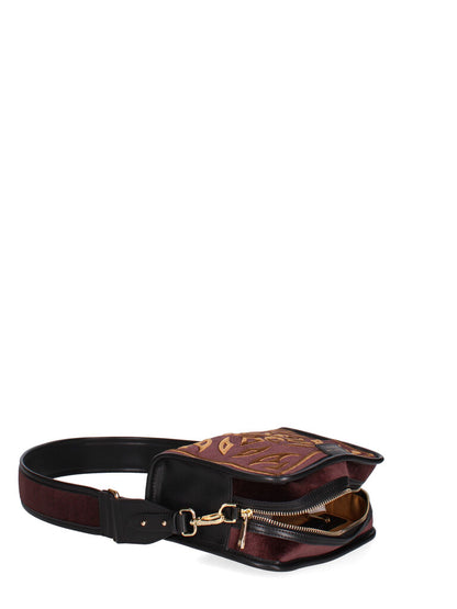 Burgundy Velvet Crossbody Bag with Embroidered Pattern