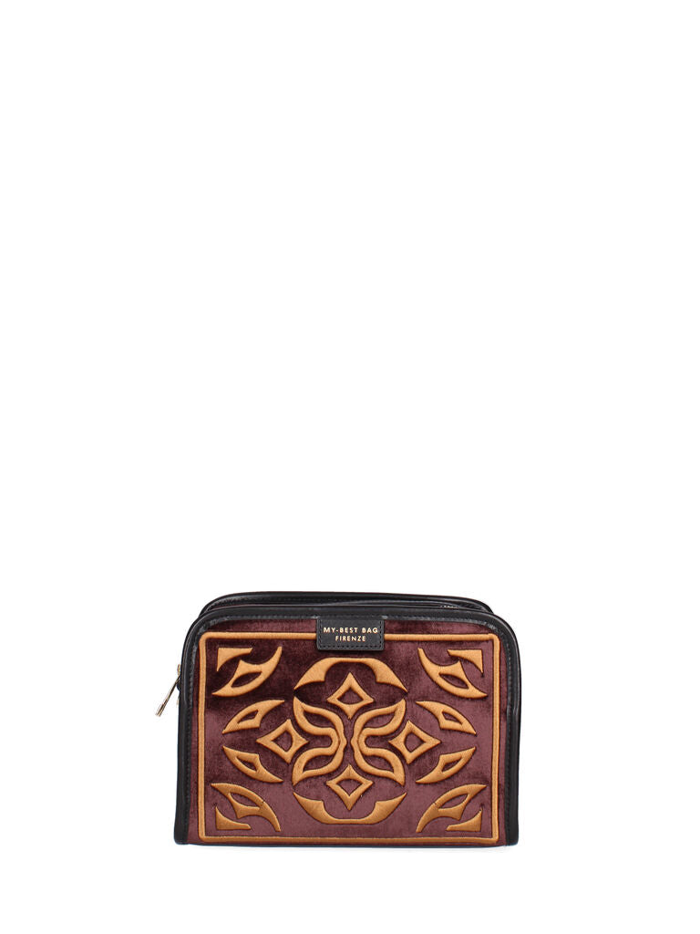 Burgundy Velvet Crossbody Bag with Embroidered Pattern