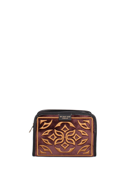 Burgundy Velvet Crossbody Bag with Embroidered Pattern