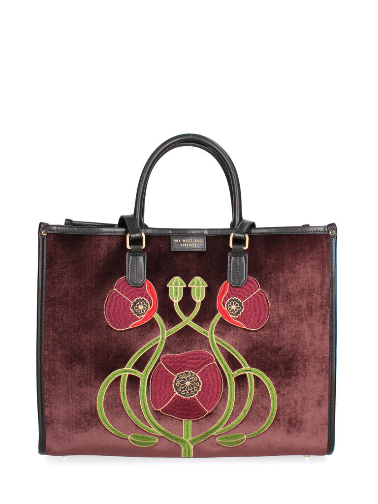 Burgundy Velvet Tote Bag with Floral Embroidery