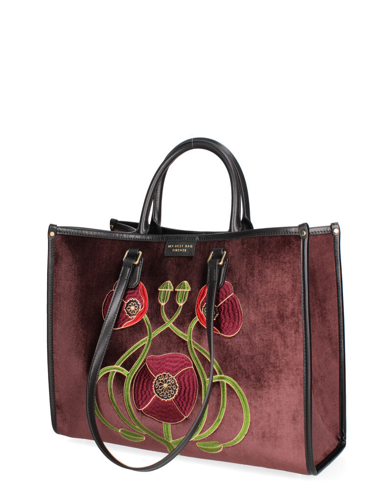 Burgundy Velvet Tote Bag with Floral Embroidery
