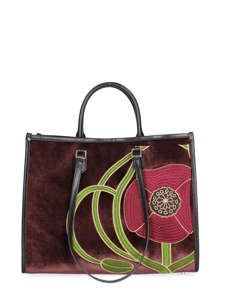 Burgundy Velvet Tote Bag with Floral Embroidery