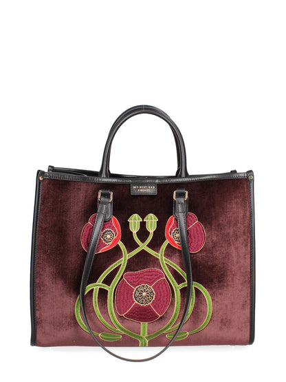 Burgundy Velvet Tote Bag with Floral Embroidery