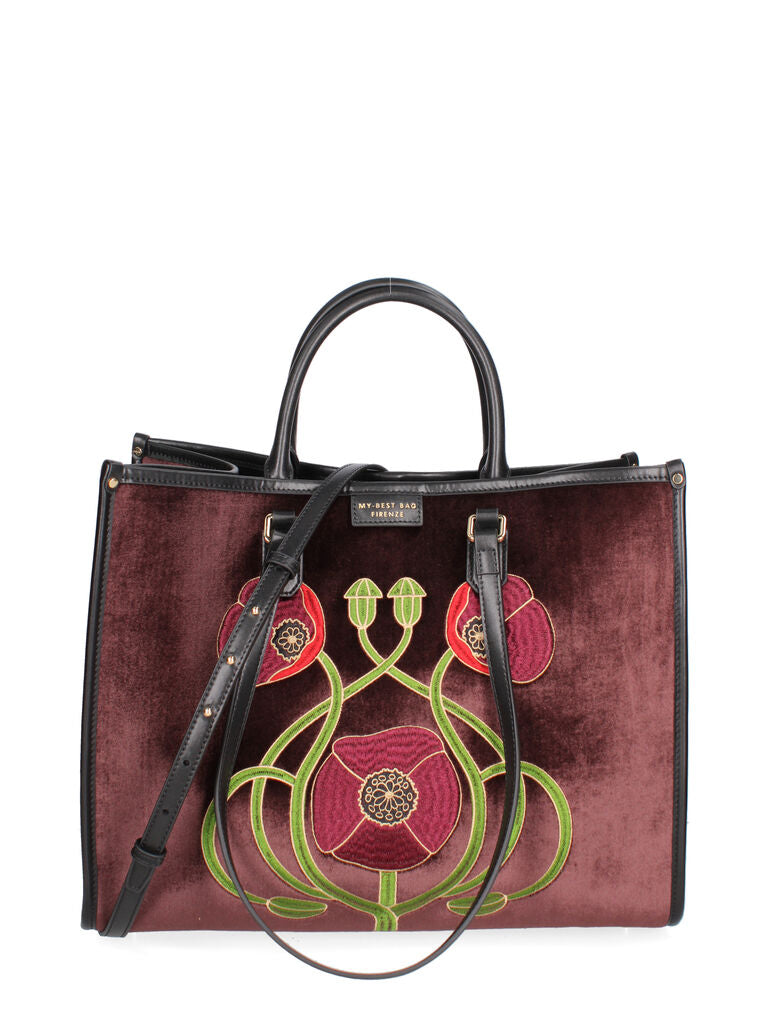 Burgundy Velvet Tote Bag with Floral Embroidery