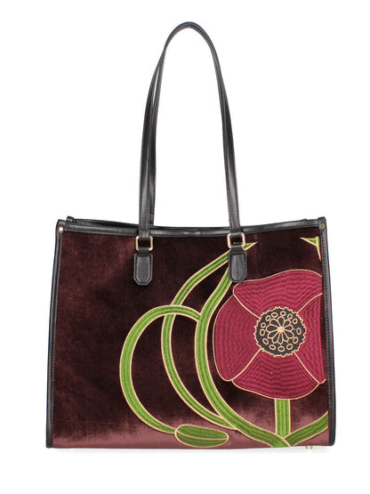 Burgundy Velvet Tote Bag with Floral Embroidery