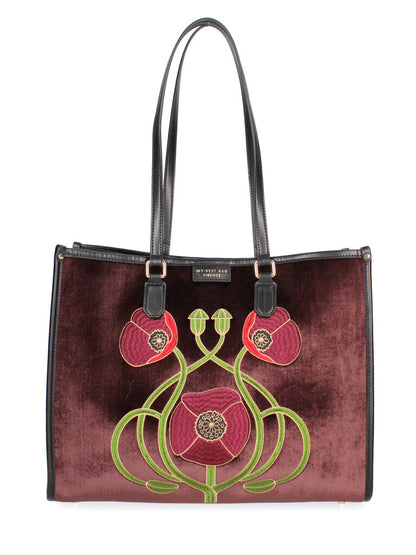 Burgundy Velvet Tote Bag with Floral Embroidery