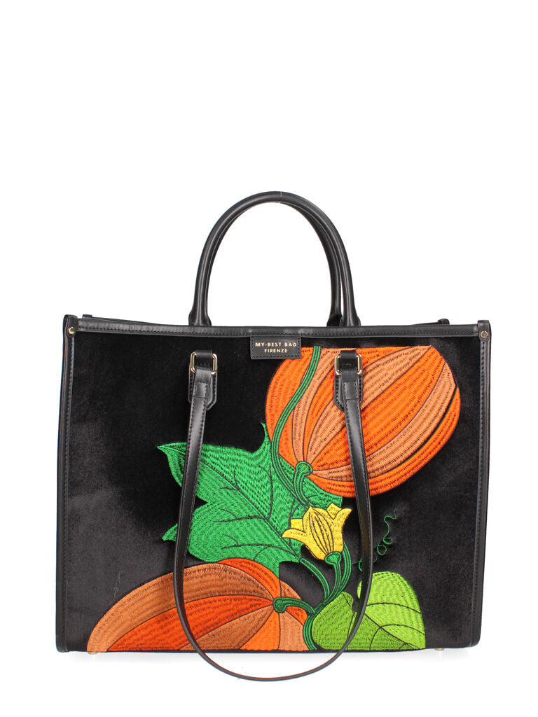 Black Velvet Tote with Vibrant Embroidered Design