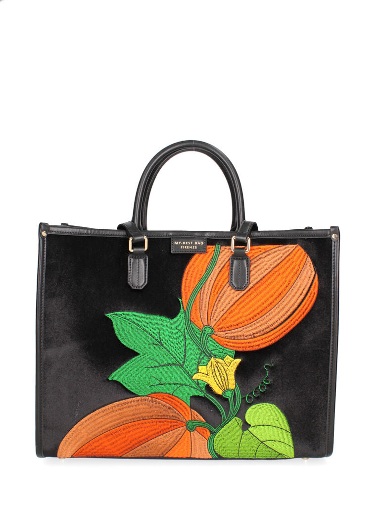 Black Velvet Tote with Vibrant Embroidered Design