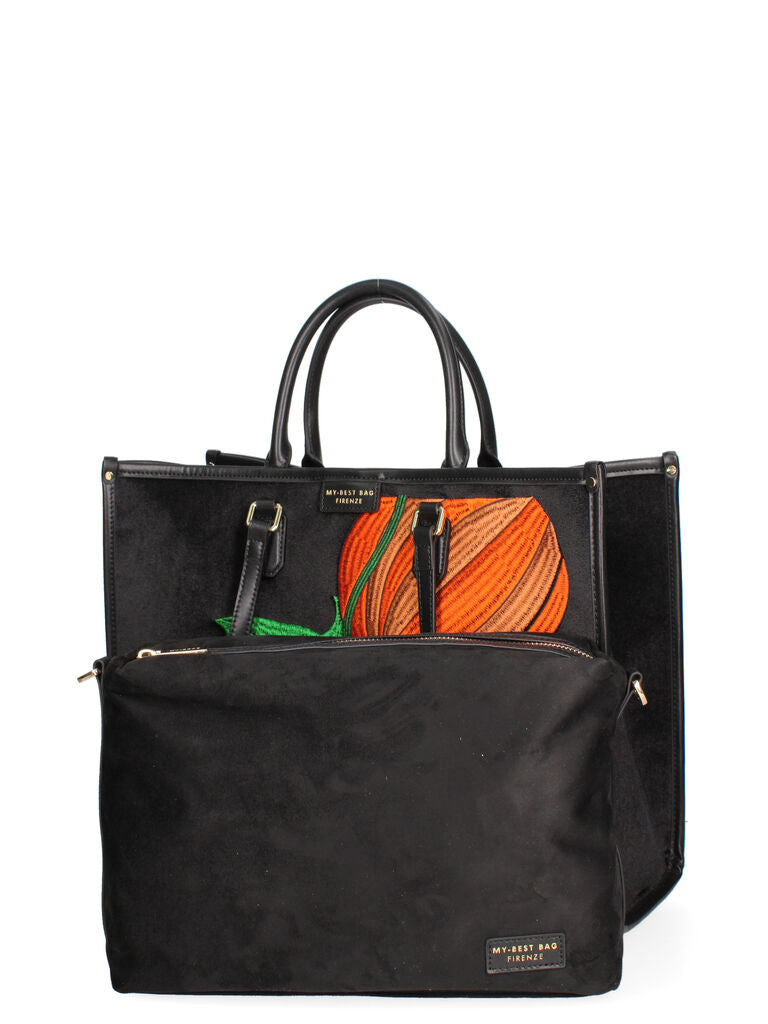 Black Velvet Tote with Vibrant Embroidered Design
