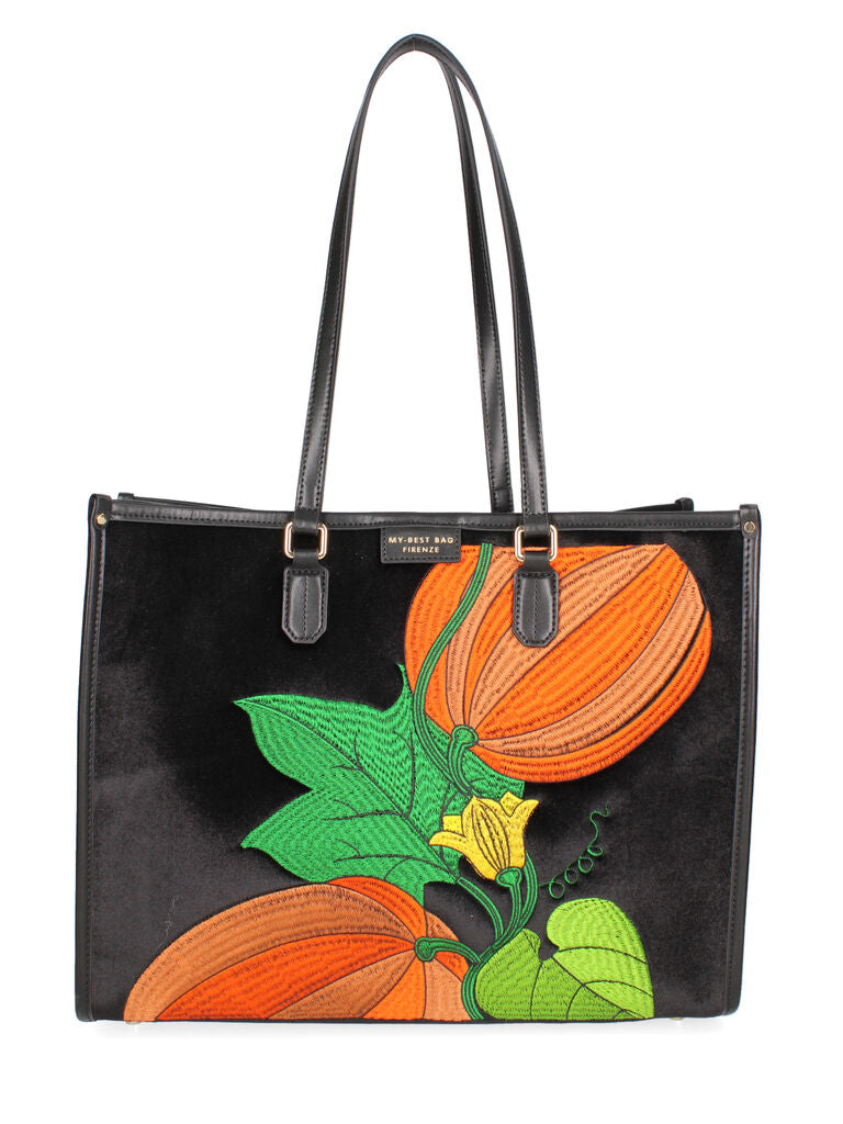 Black Velvet Tote with Vibrant Embroidered Design