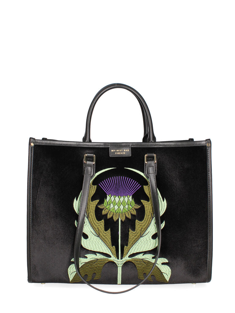 Black Embroidered Velvet Tote with Floral Motif