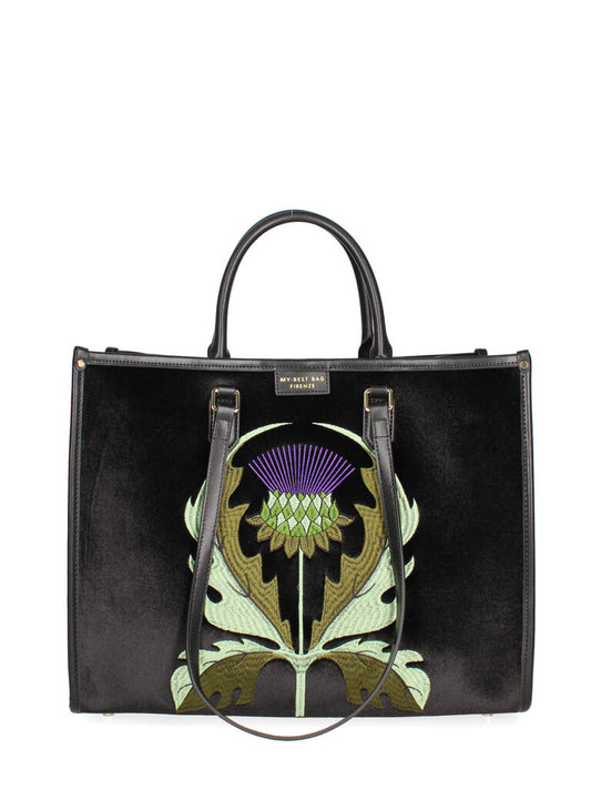 Black Embroidered Velvet Tote with Floral Motif