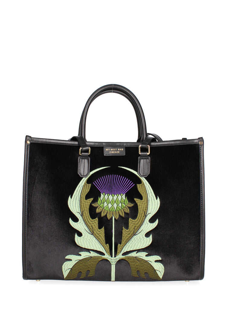 Black Embroidered Velvet Tote with Floral Motif