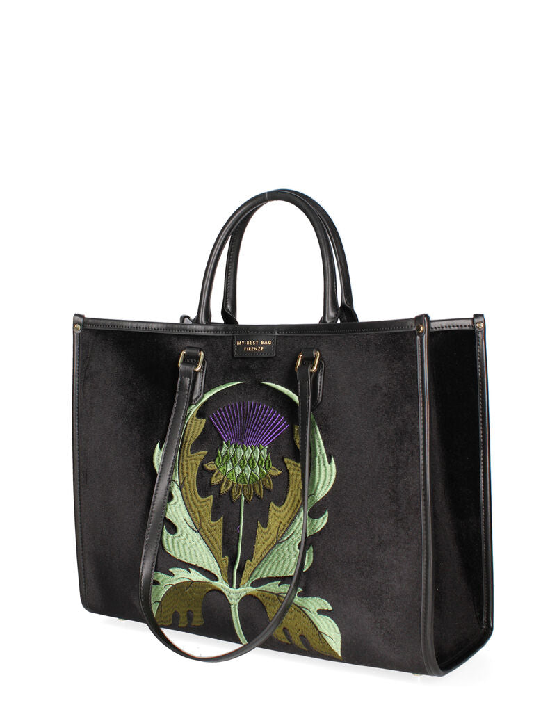 Black Embroidered Velvet Tote with Floral Motif