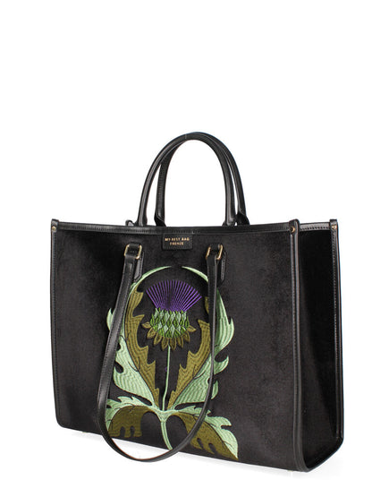 Black Embroidered Velvet Tote with Floral Motif