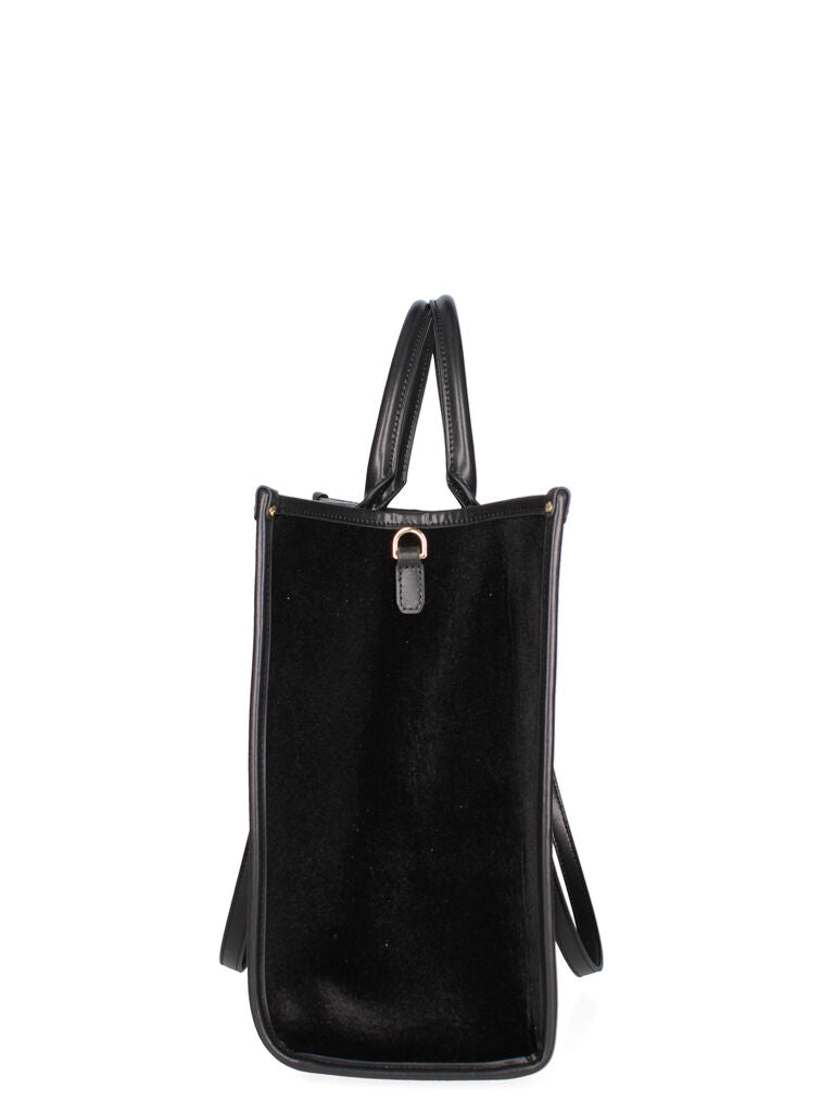 Black Embroidered Velvet Tote with Floral Motif