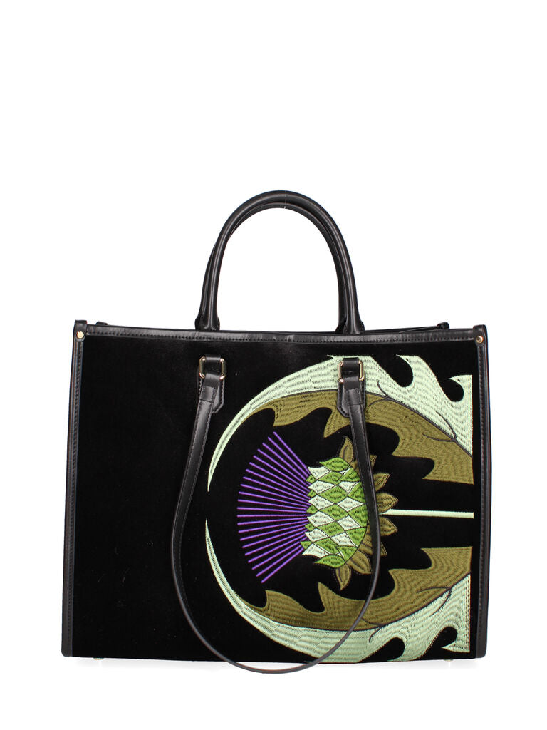 Black Embroidered Velvet Tote with Floral Motif