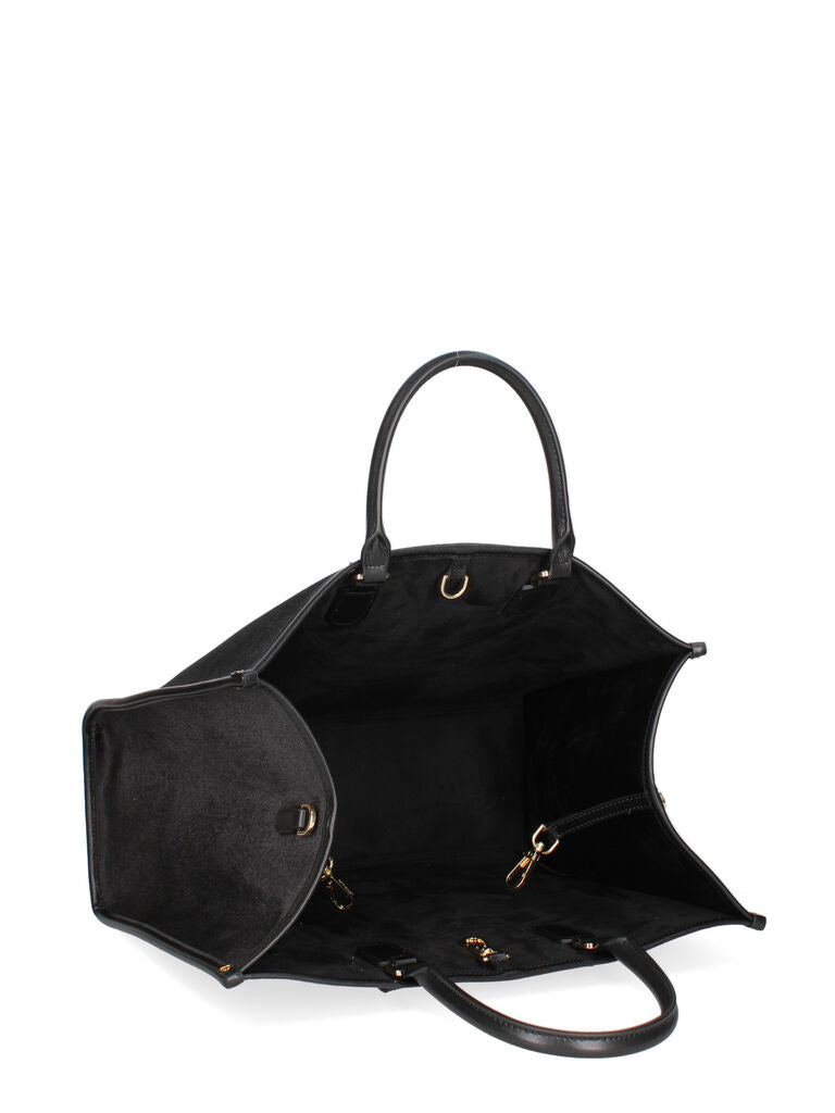 Black Embroidered Velvet Tote with Floral Motif