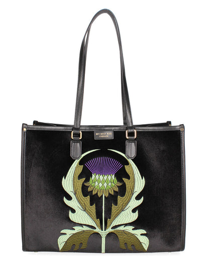 Black Embroidered Velvet Tote with Floral Motif