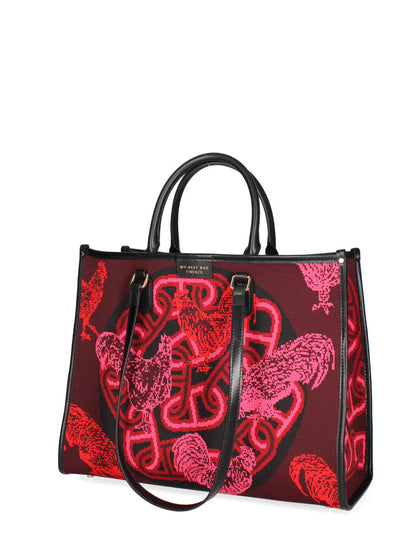 Burgundy Canvas Tote with Rooster Pattern
