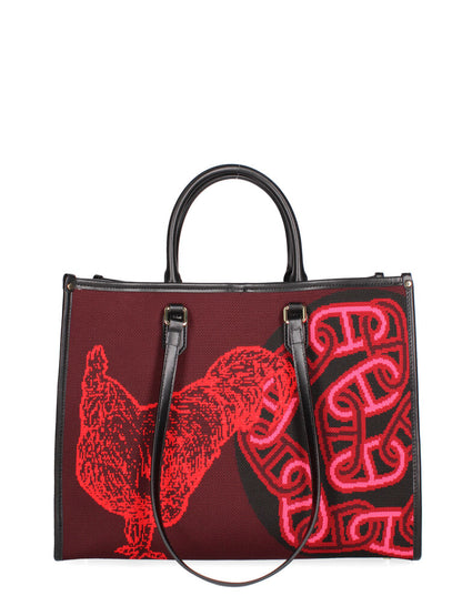 Burgundy Canvas Tote with Rooster Pattern