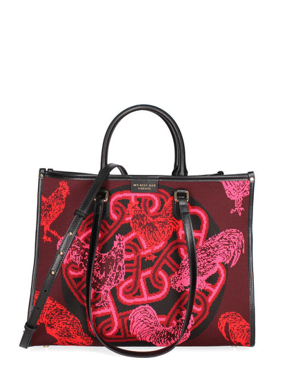 Burgundy Canvas Tote with Rooster Pattern