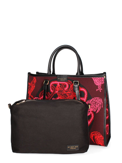 Burgundy Canvas Tote with Rooster Pattern