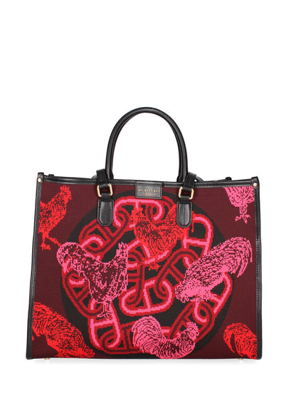 Burgundy Canvas Tote with Rooster Pattern