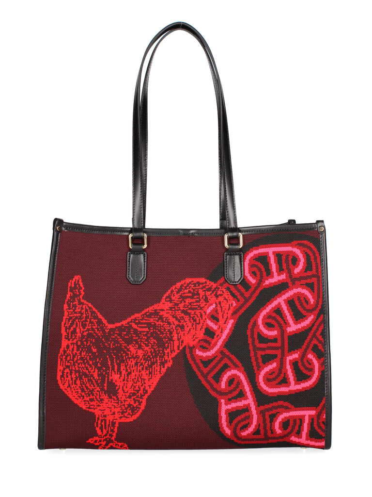 Burgundy Canvas Tote with Rooster Pattern